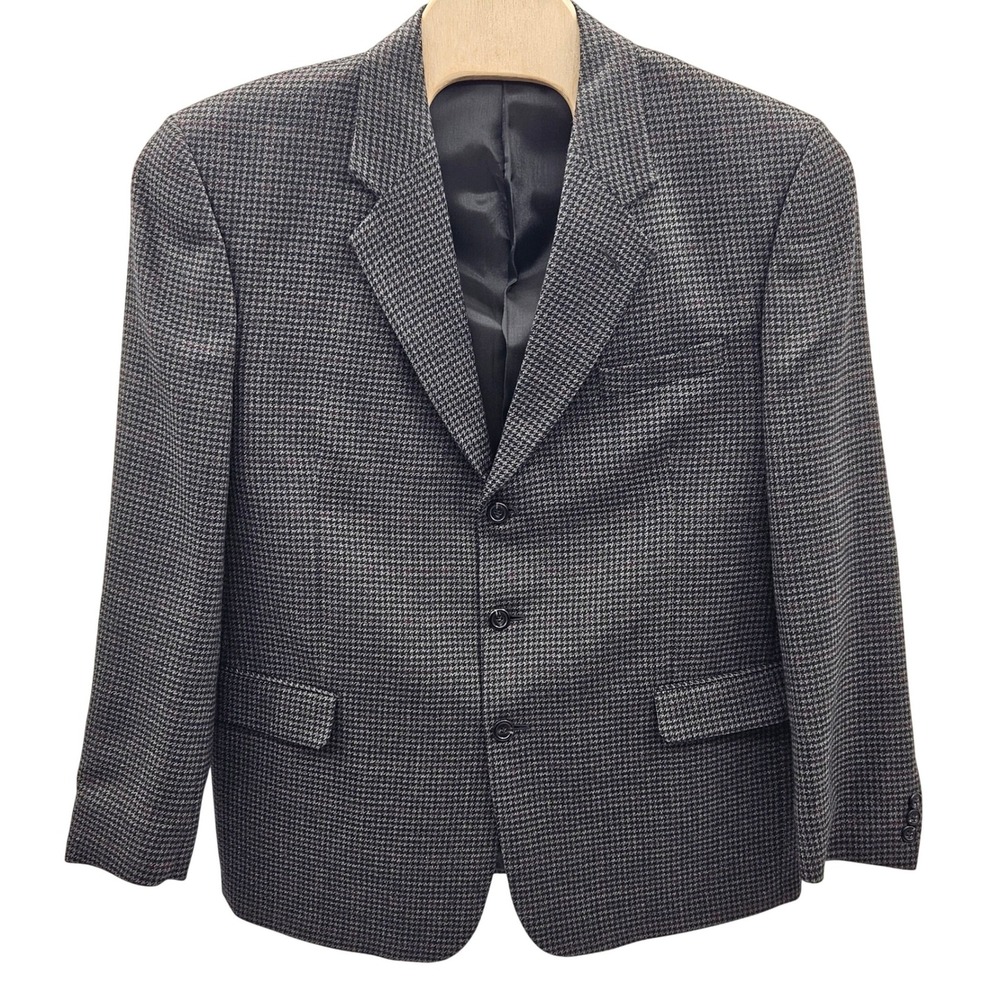 Mens Lambswool Cashmere Houndstooth Blazer Grey 3 Button Sport Coat RN 46774